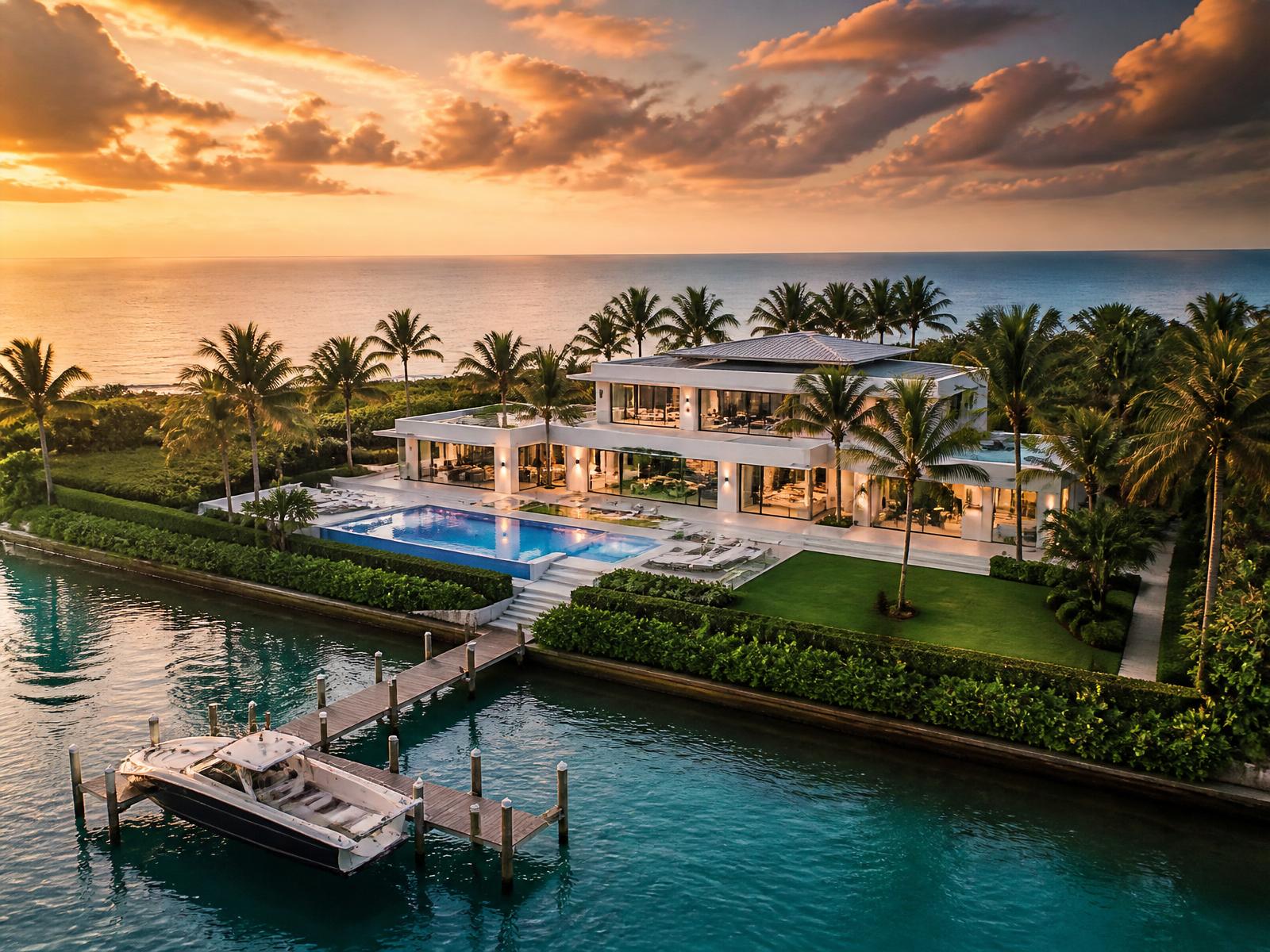 Luxury oceanfront estate in Palm Beach County at golden hour